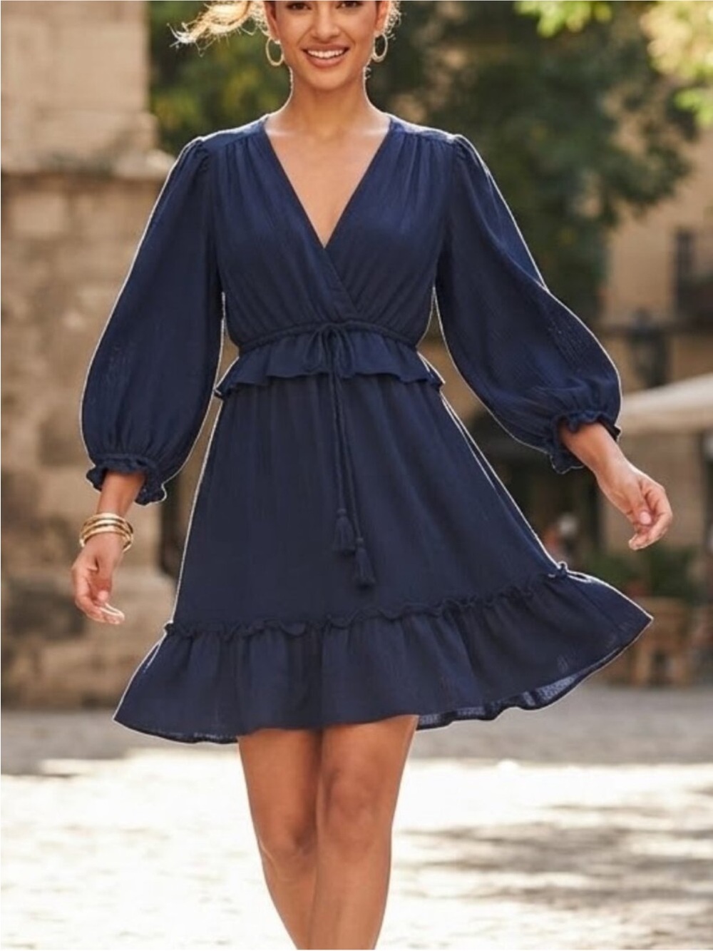 Max Studio Navy Blue V-Neck Long Sleeve Dress